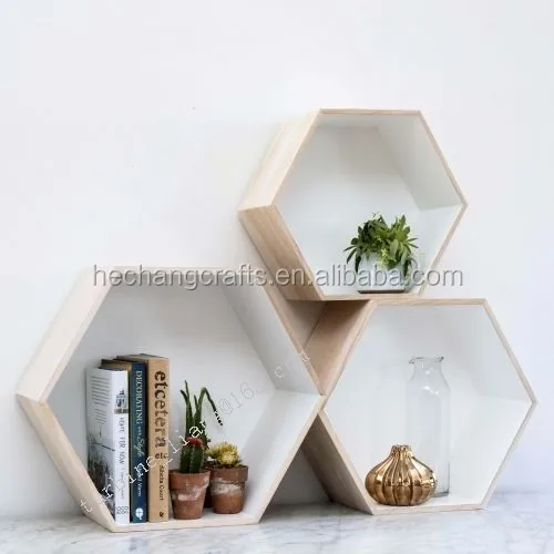 Modern Wooden Wall Mounted Hanging Hexagon Box Hanging Display Shelf