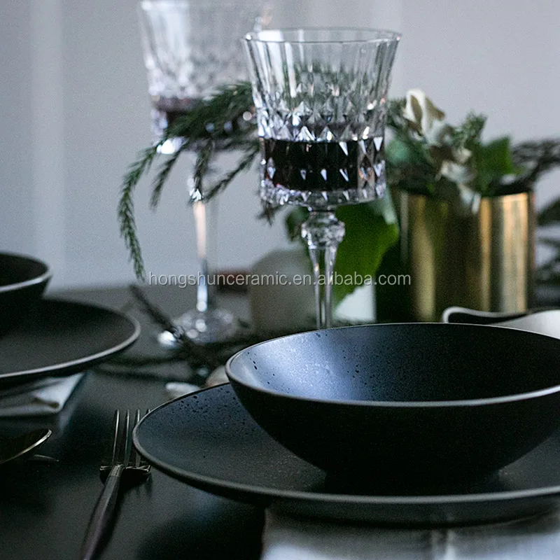Nordic matte black ceramic tableware dinner plate wholesale rice bowl sets
