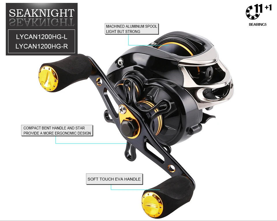 SeaKnight LYCAN HG Baitcasting Reel 7.0:1/11+1BB 5KG Carbon Fiber Drag System Magnetic Brake Systems 205g Fishing Wheel