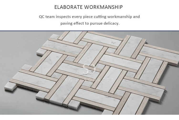 Light Wooden Carrara Marble Basketweave Mosaic Bathroom Floor Tiles