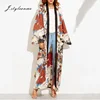 Women latest flower printed long kimono casual blouse