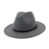 Men Women Winter Wool Flat Brim Fedora Hat with PU Leather