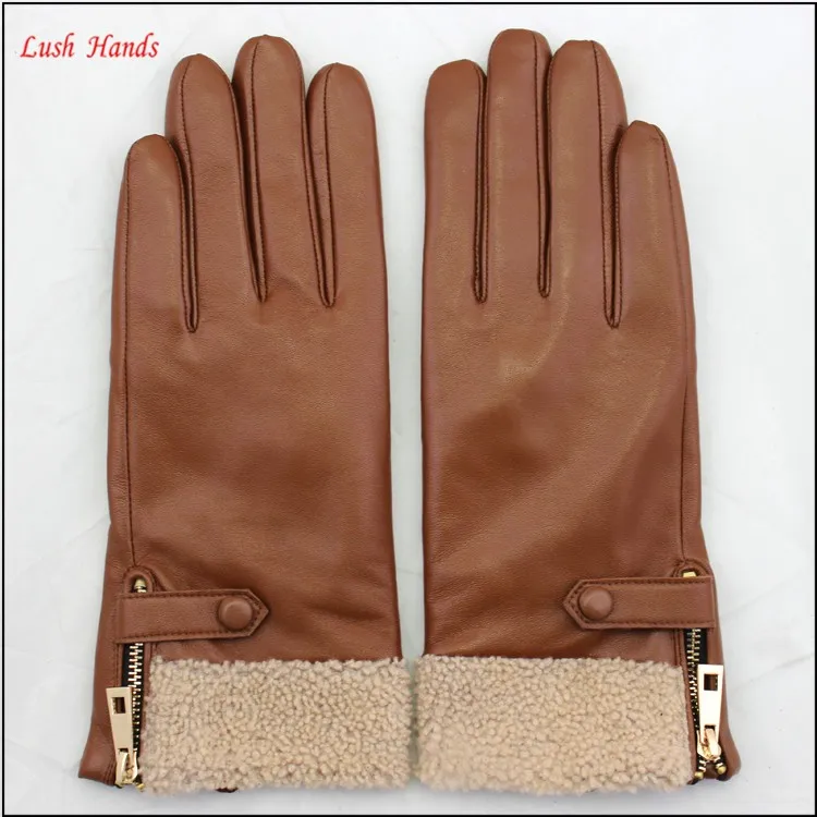 Christmas 2015 best-selling model Brown leather gloves with golden zipper and fake bur fashionable ladies gloves