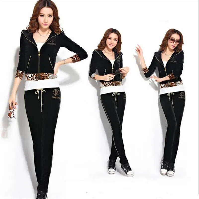 Korea 2016 Latest Autumn Winter High end Women Fashion Casual Velvet Suit Slim Big yards Stitching