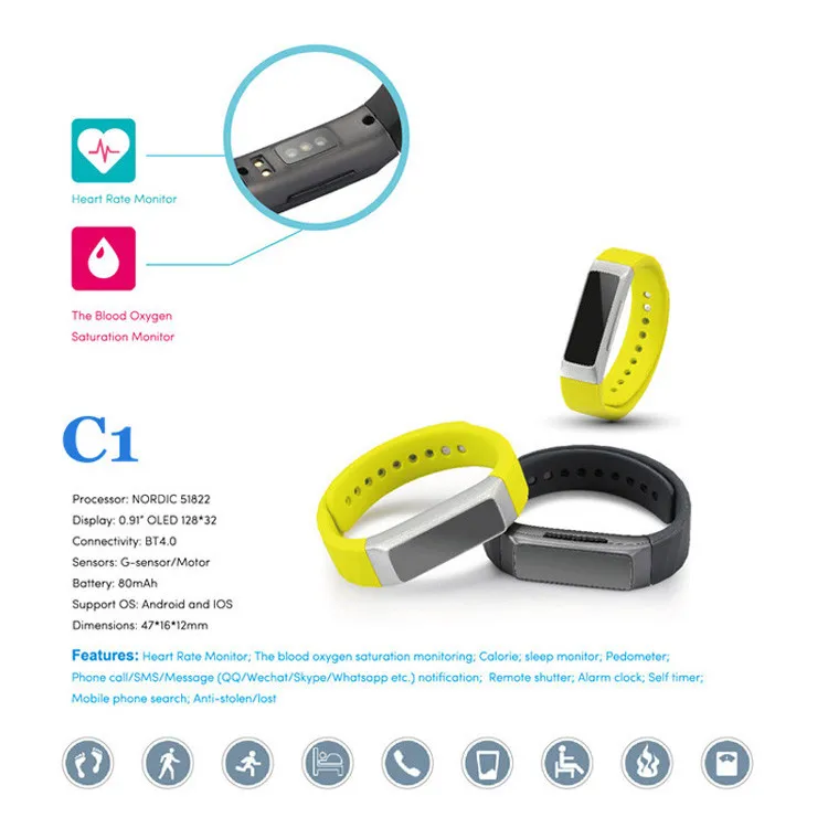 2016 New Design Zinc Alloy Sport Bluetooth Smart Bracelet C1 Bluetooth Smart Wristband,Heart Rate Smart Band