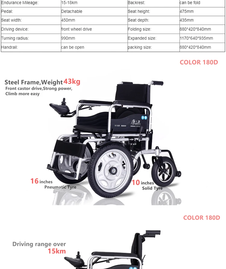 Color 180d Hot Selling Steel Automatic Folding Electric Wheelchair