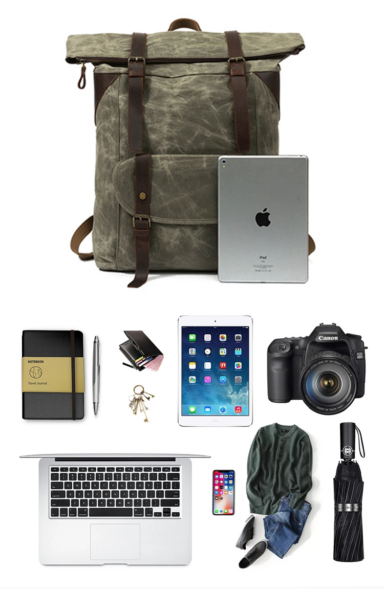 Outdoor high quality waxed canvas large capacity waterproof hiking travelling backpack bagpack back pack bag