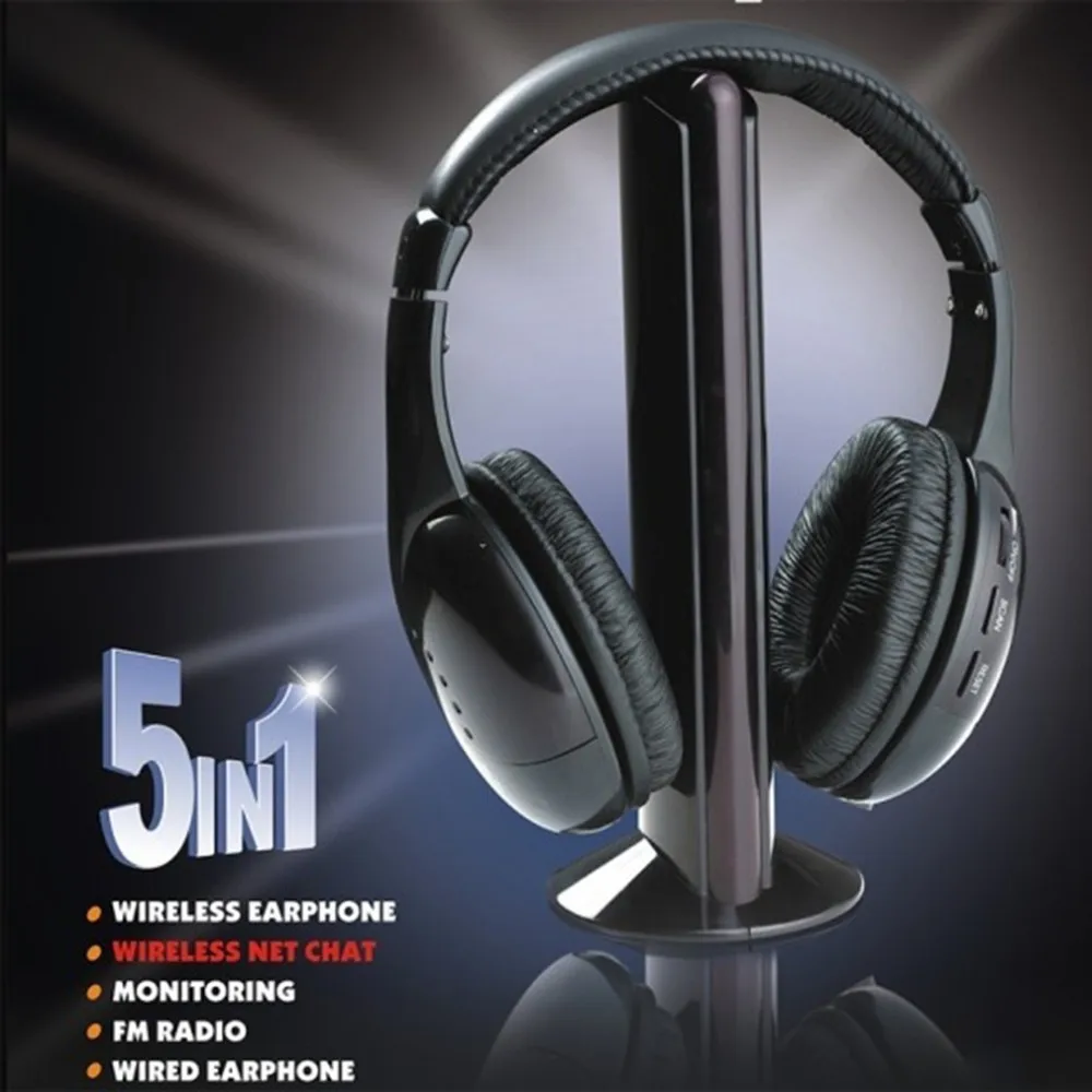 Black 5 in 1 Wireless Cordless Headphone Headset Earphone for PC TV Radio Wireless Headphone Gaming Headphone Wholesale