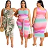 Plus Size Clothing Two Piece set Leaf Print Casual Crop Top and Plus Size Dress Skirts