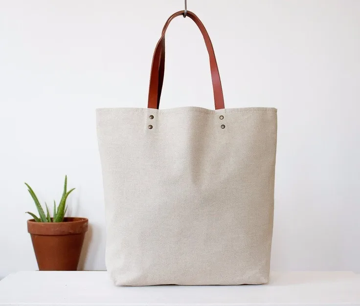 Natural White Cotton Fabric Tote Bag With Leather Strap - Buy Cotton Fabric Tote Bag With ...