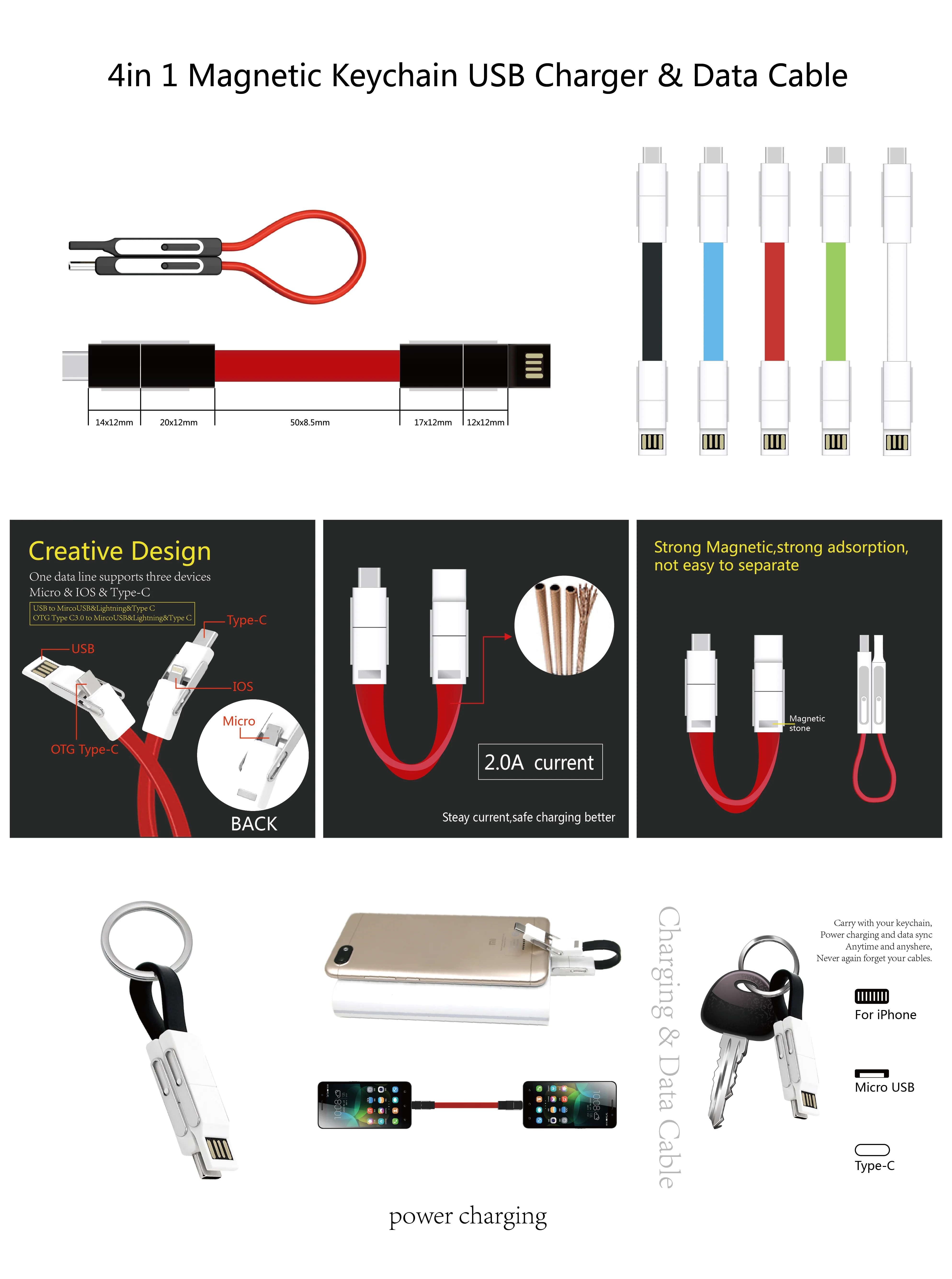 2019 new design gift 4 in 1 keychain usb data charging charger cable for all phones, with OTG usb-c to charger for iphone 8 pin
