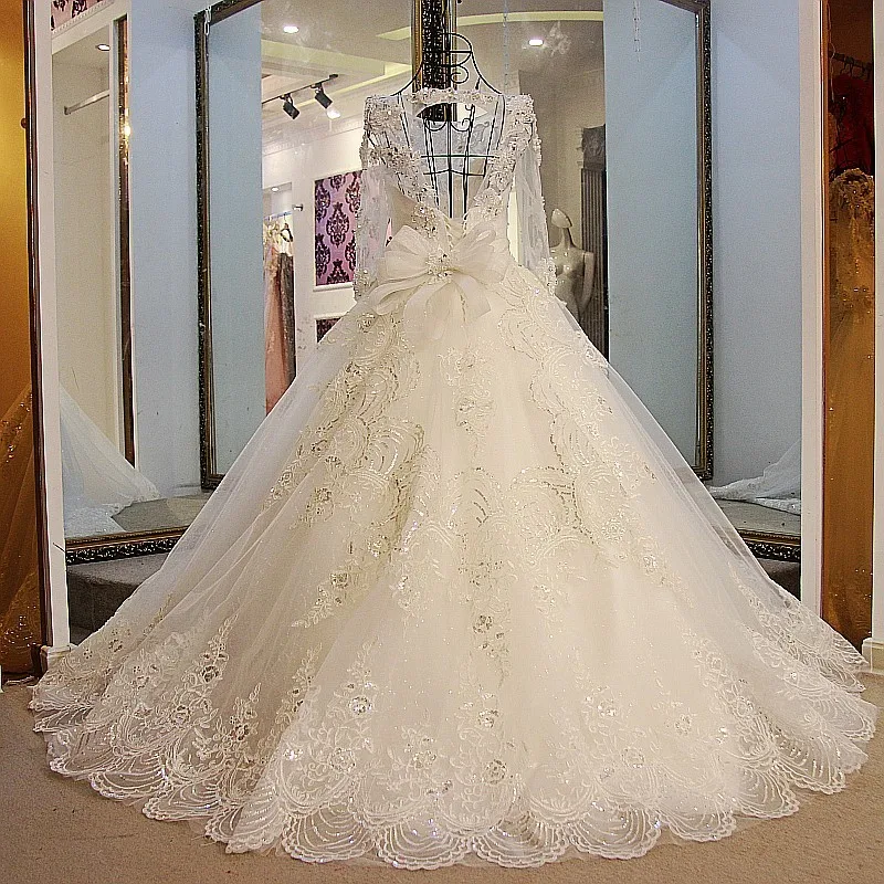 Ls09235 Real White Ball Gown Scoop Neckline Long Sleeve Lace Train Model Picture Of Wedding Dresses In The Us