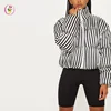 Winter High Collar Padding Puffer Down Jacket Coat Women White Striped Satin Cotton Bomber Coat