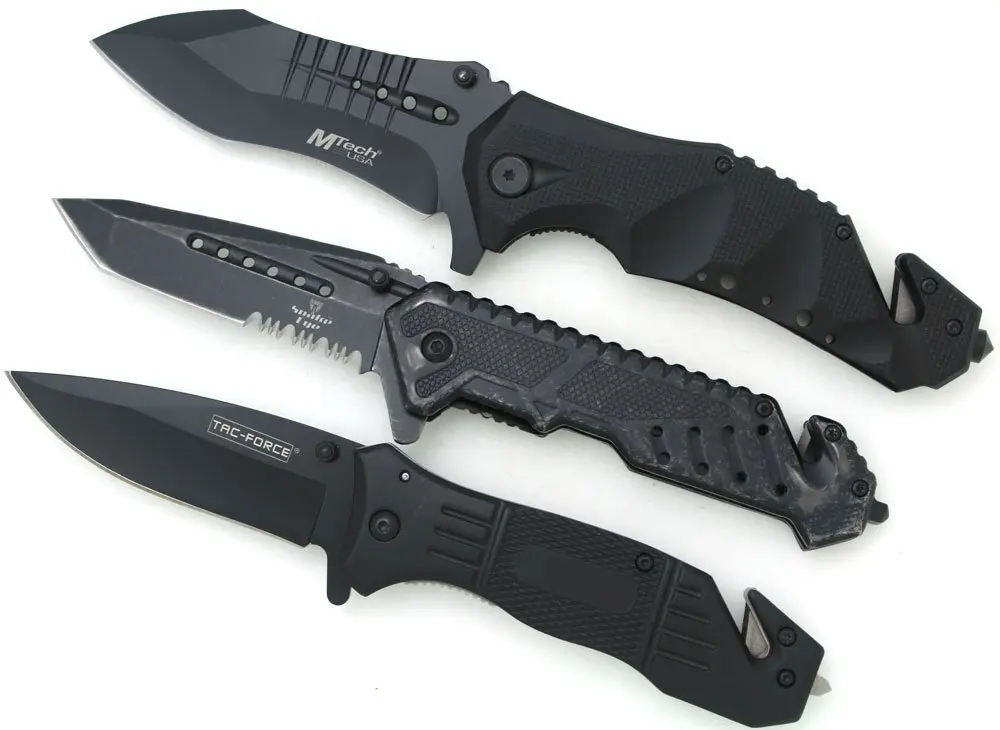 Snake Eye Tactical Black Ops Heavy Duty Folding Knife Triple Set - Tac Force / Mtech USA Outdoors Hunting Camping Fishing US Military Army Marine Navy Seal EDC Survival Gift Set