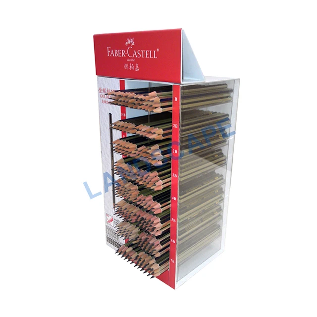 Custom made clear acrylic pencil display stand for bookstore/floor standing acrylic stationery display shelf.jpg