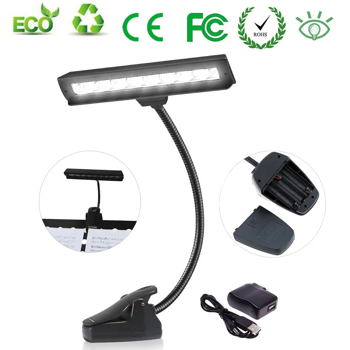9 LED Lamp Clip On Orchestra Music Stand, LIGHTUPRO Table LED 2 Levels Fully Adjustable for: Piano Desk / Book Reading / Travel / DJ Desk / Mixing Table,No Flicker / Brightness /Cordless Portable Lamp