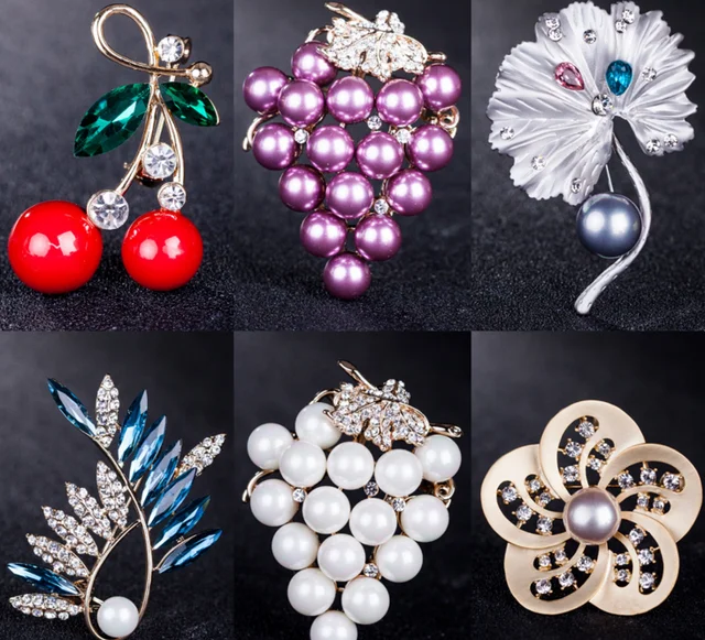 high quality enamel crystal cherry grape fruit brooch pin