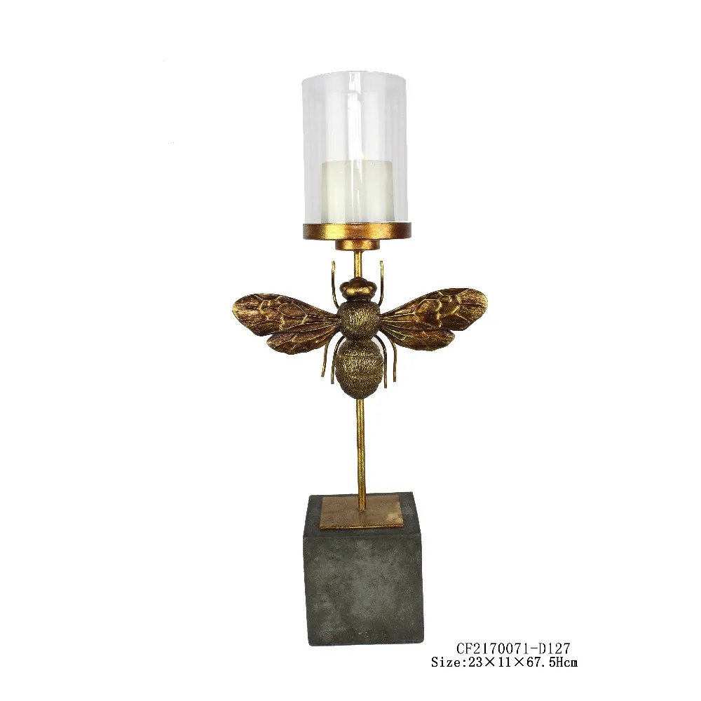 3D Resin Gold Insect Sculpture Glass Cover Candle Holder with Cement Stand Home Decor manufacture