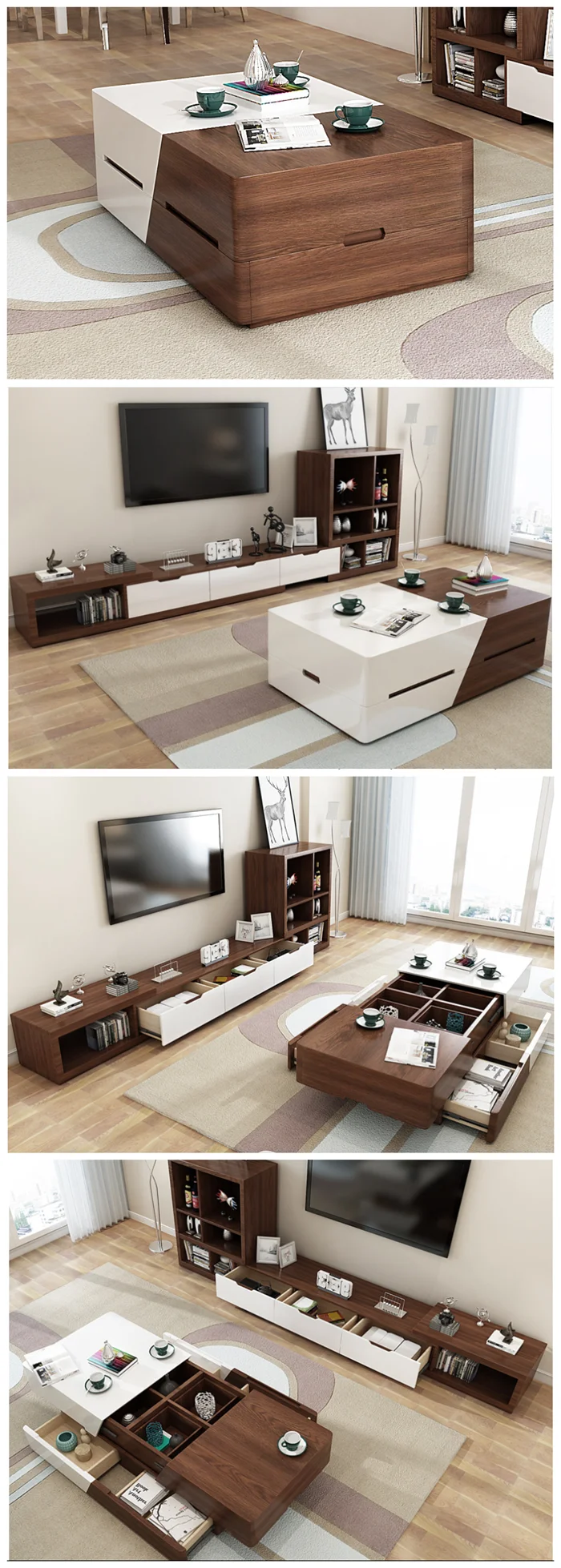 Adjustable Sliding Extendable Convertible Wood Coffee Table Modern