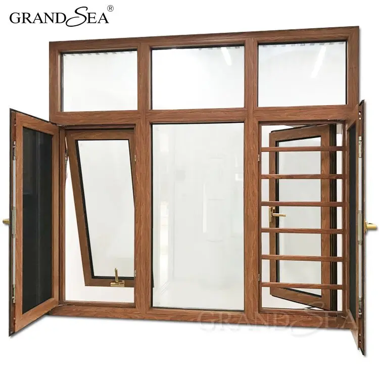 Top Quality Double Tempered Glass Aluminum Casement Window with Grill Design and Mosquito Net