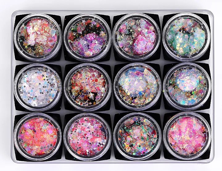 Wholesale 12 colors Art nail Designs glitter Sequins decoration Kit jewelry accessories Sequins sticker for Nail