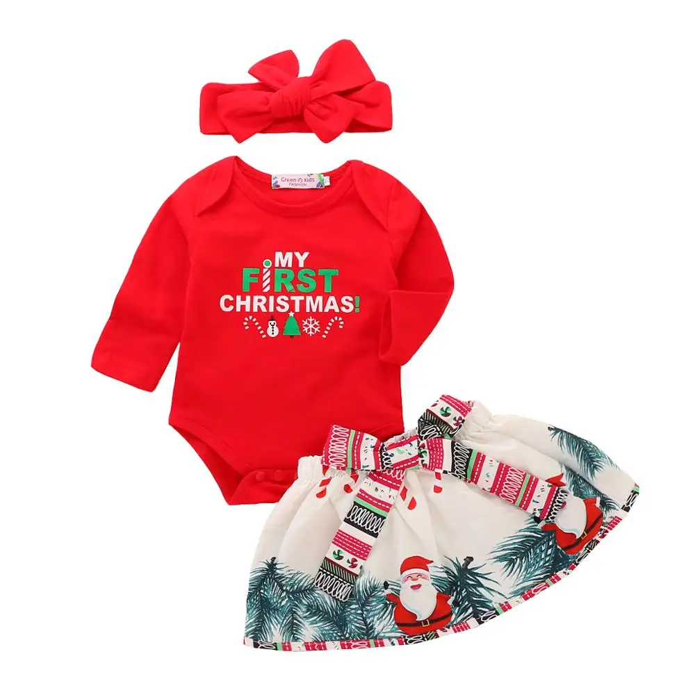 New Arrival Stock Christmas Baby Girl Clothes Long Sleeve Newborn Baby Xmas Clothing Set Infant Girl Kids Christmas Romper+Skirt