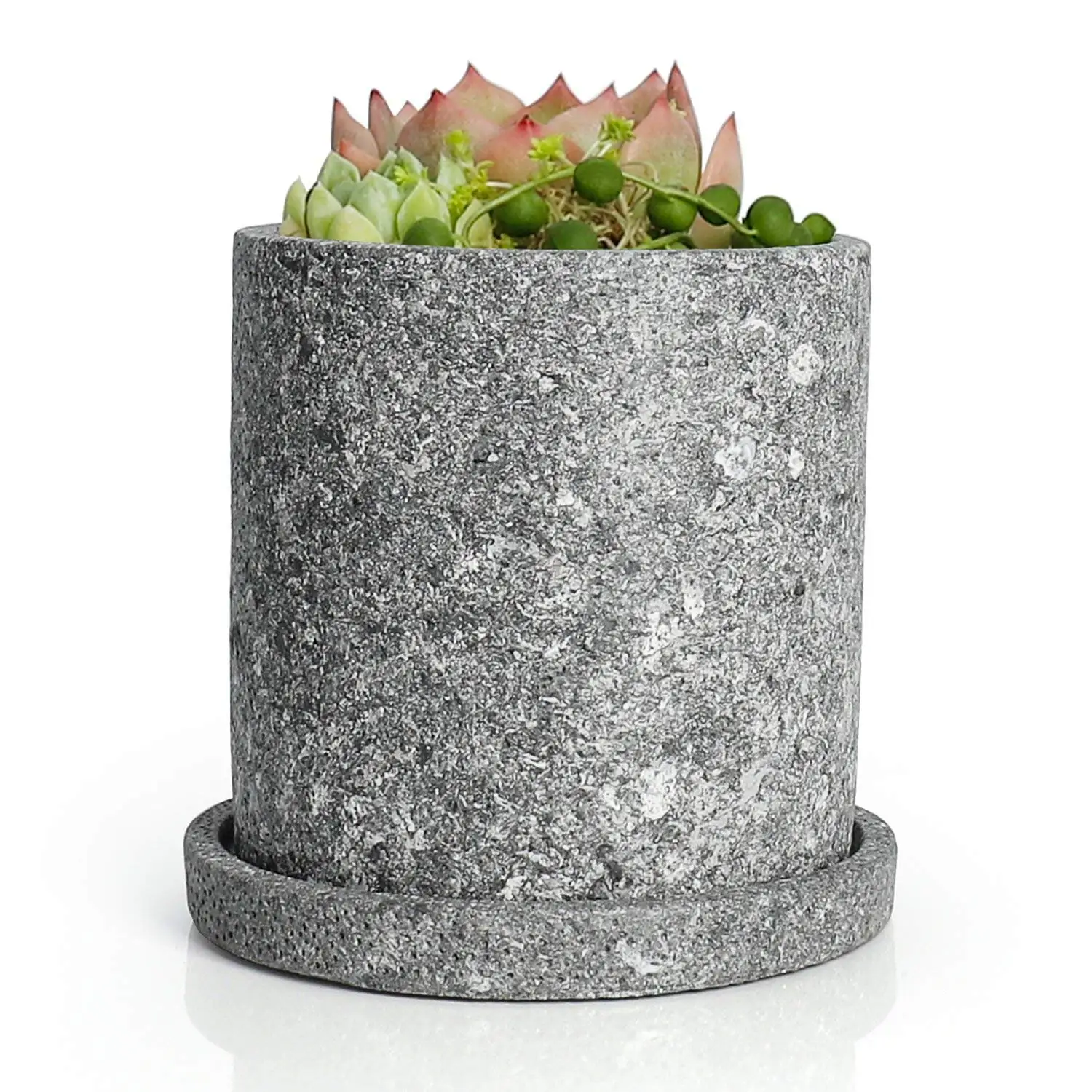 Greenaholics Succulent Plant Pots - 5.1 Inch Cement Cylinder Depth Planter with Drainage Hole and Tray, Gray