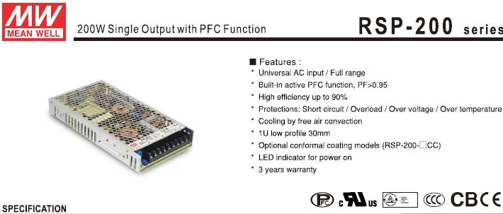 Switching Power Supply 200w 24v With Pfc Function -200-24 Mean Well .