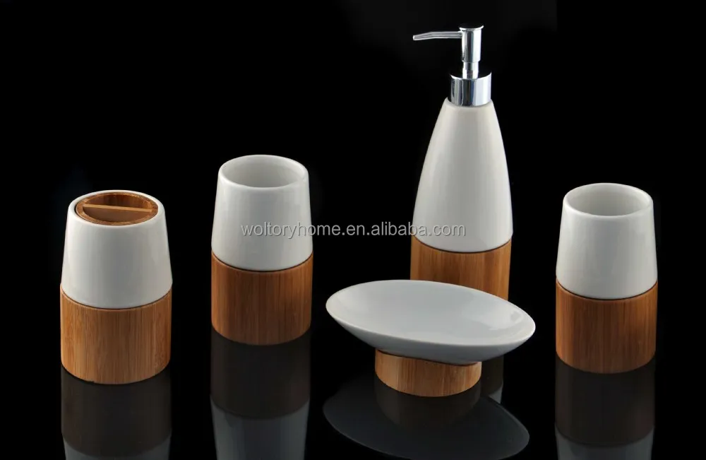 Retail Natural Bamboo And Ceramic Bath Accessories Set,Creative