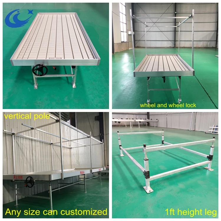 Vertical hydroponic farming system rolling bench ebb and flow table