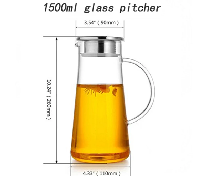 1500ml Hot Water Clear Glass Pitcher With Handle And 18/8 Stainless