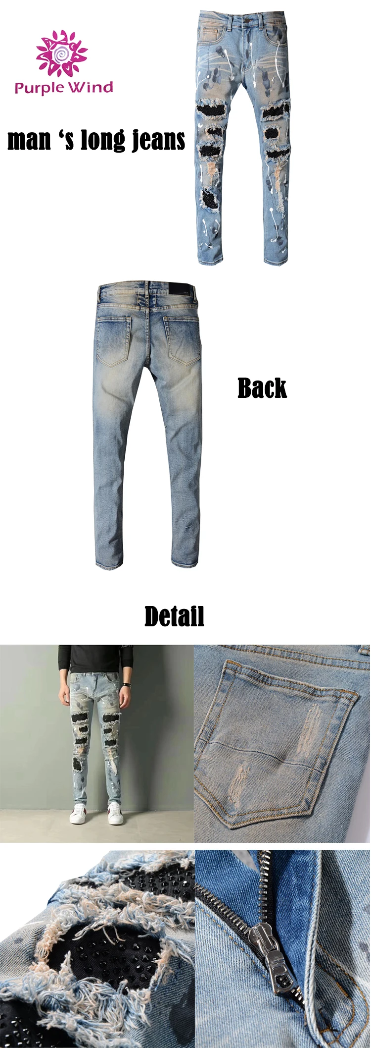 New Desgin Blue Denim Ripped Diamond Jeans Skinny Pants With Heavy ...