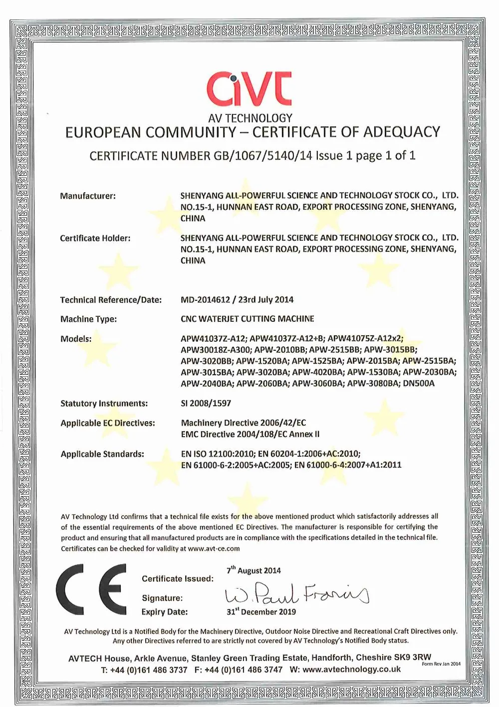 APW Waterjet CE certificate