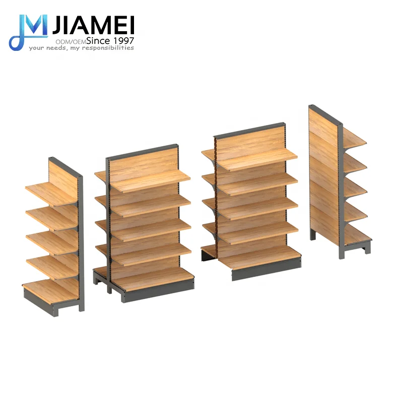 Jiamei 2019 Hot Sale Metal Plate Shelf Wood Grain Display Shelf