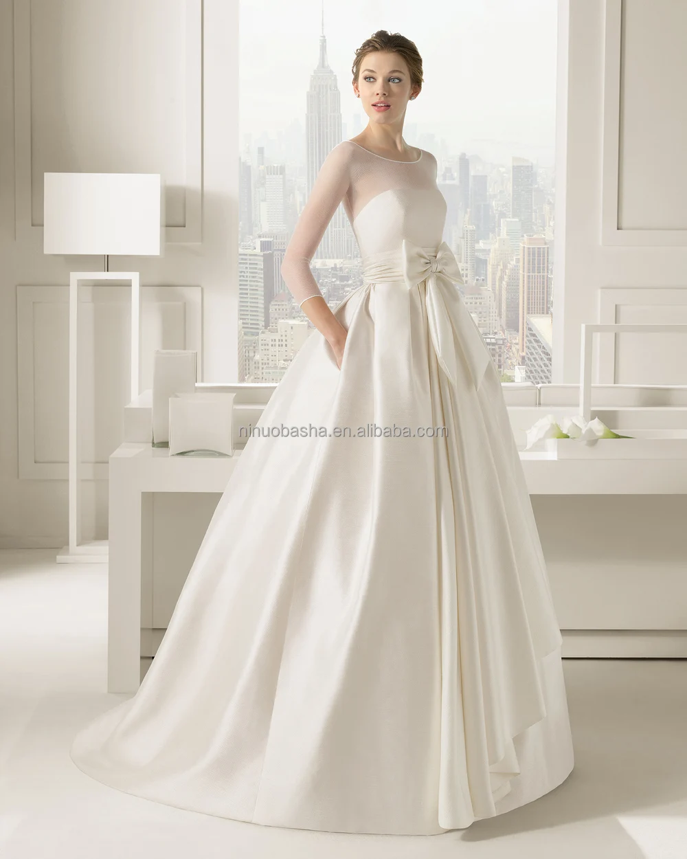 2019 Chic Ivory Ball Gown  Wedding  Dress  Long  Sleeve  Sheer 
