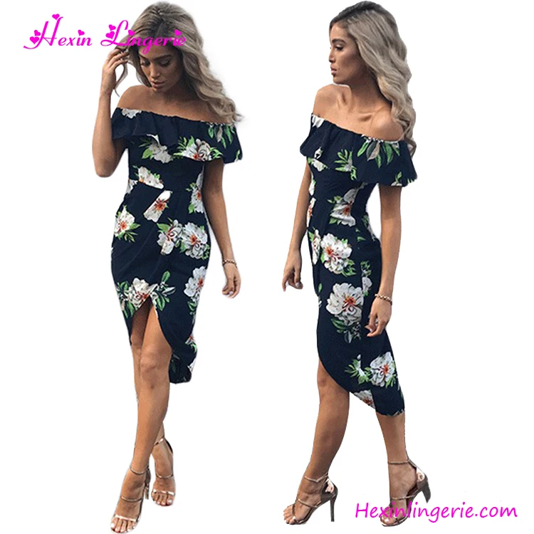 Women Clothes Dresses Summer Floral Off Shoulder Ruffle Long Dress