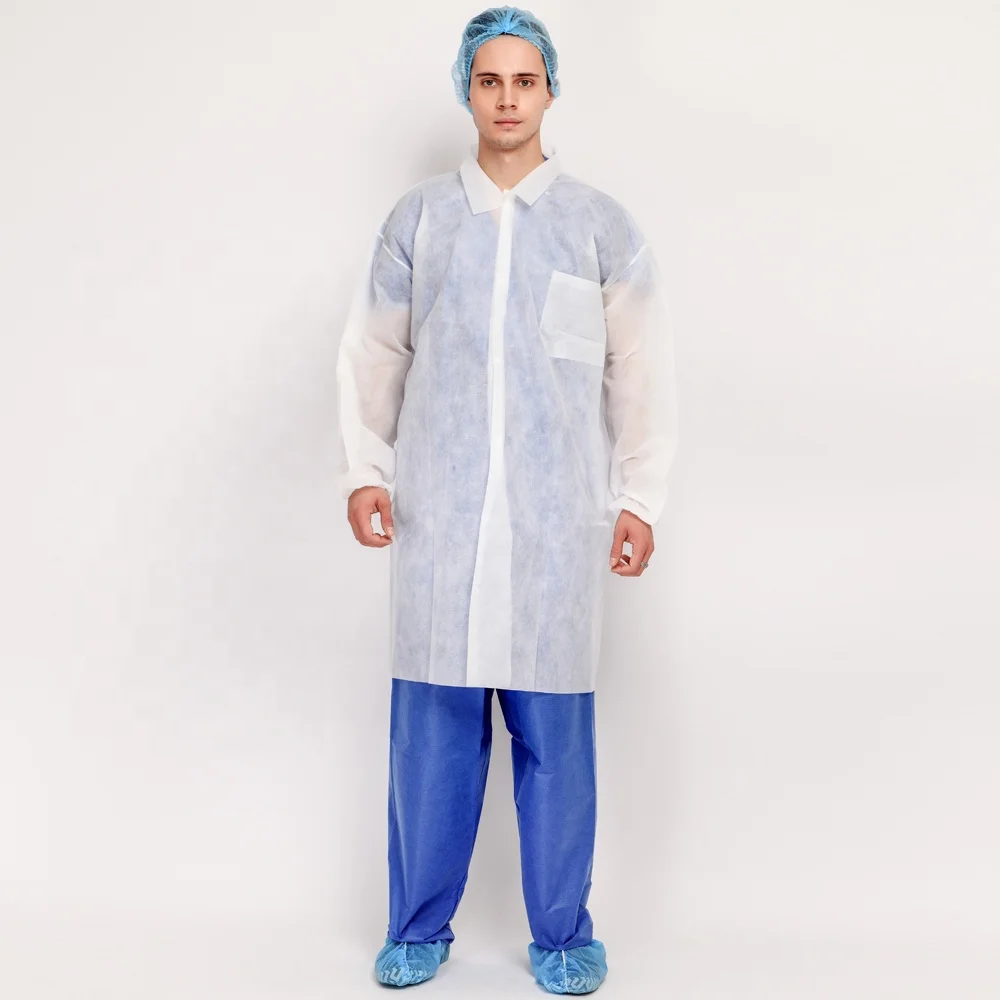 Disposable Sms Non Woven Medical Lab Coat Patient Coat Three Pockets