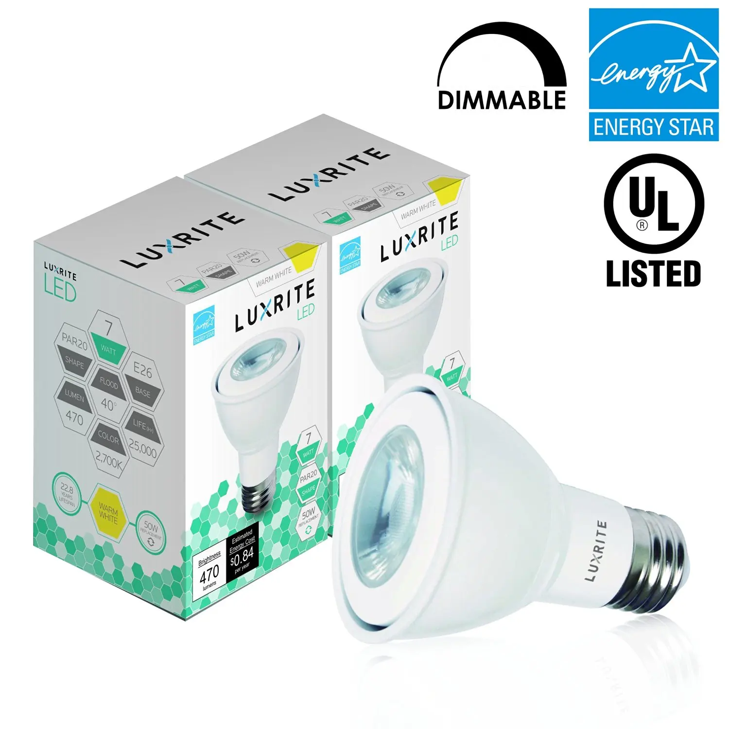 Luxrite LR23120 (2-PACK) PAR20 7-Watt (50w Equivalent) Dimmable (2700K) LED Flood Light Bulb, For Indoor & Damp Locations, 470 Lumens Warm White (Standard E26 Base) UL-listed, Energy Star Qualified