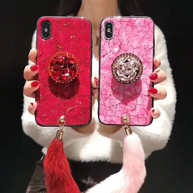 Golden Foil Marble Fox Fur Tail Mobile Phone Cover For Iphone Xs