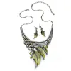 Vintage rhinestone leaf necklace earring set lime gunmetal plated necklace jewelry set