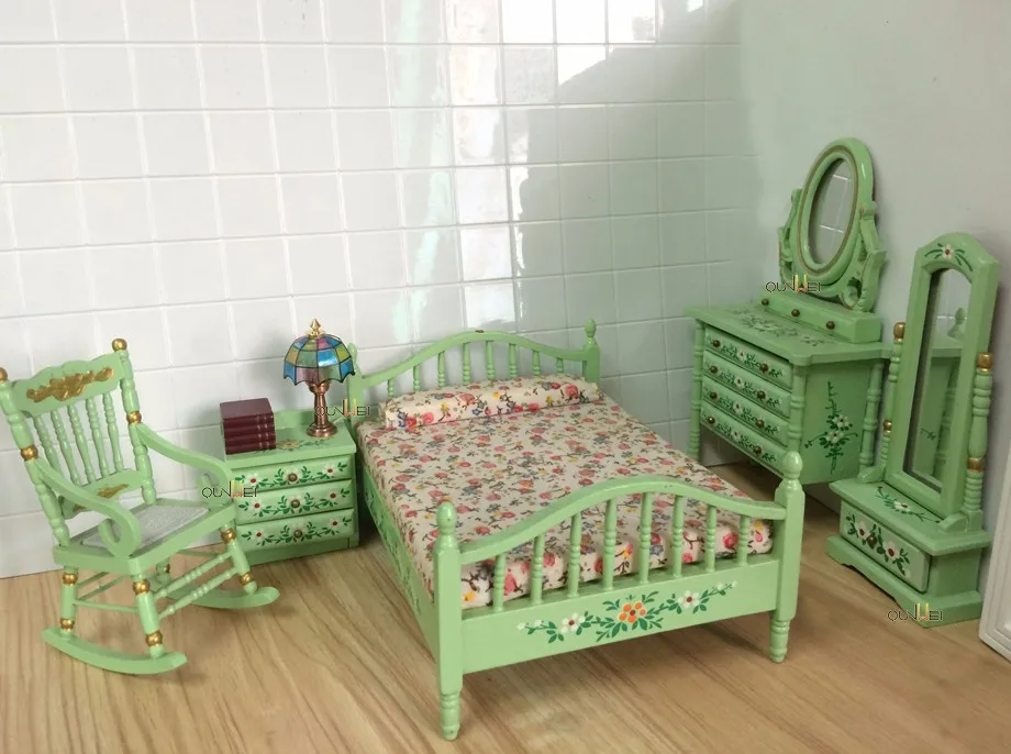 5pc Dollhouse Miniature Bedroom Wood Furniture Set Green Qw80003