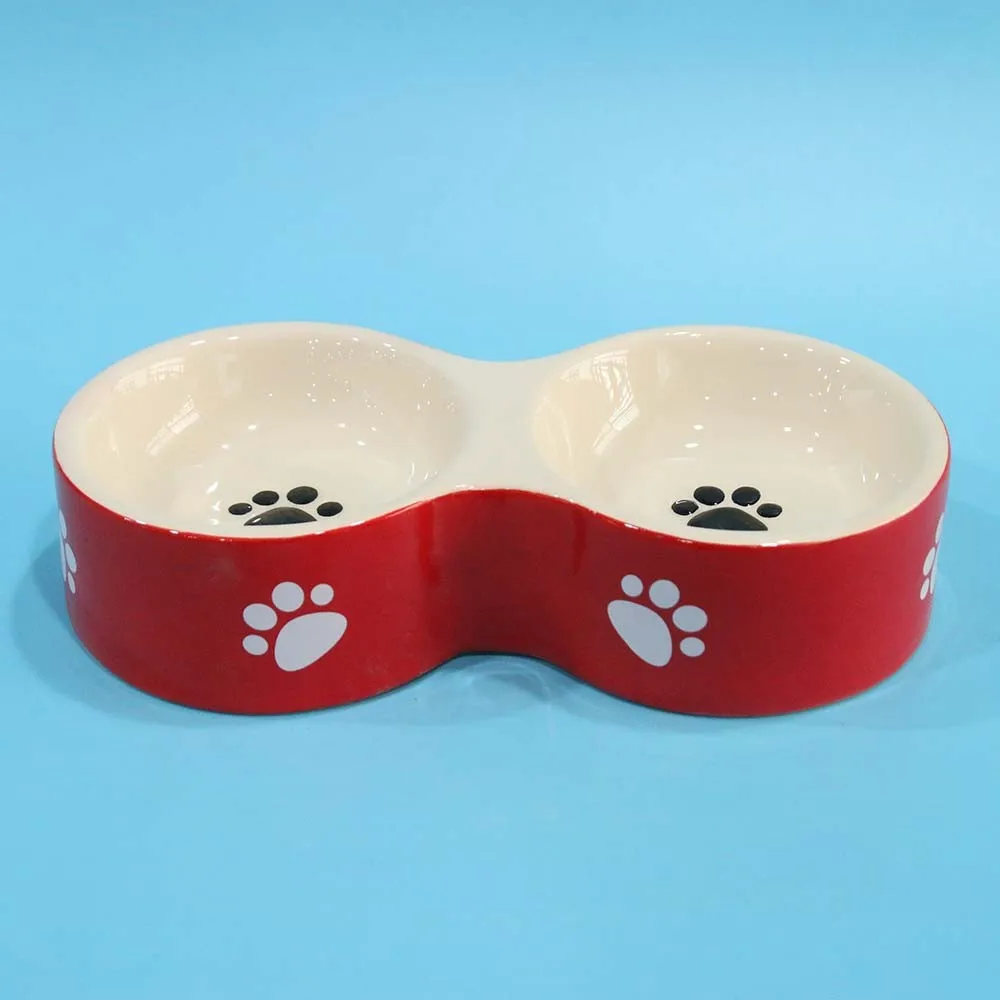 Hot Sale Fashion Red Color Ceramic Double Pet Bowl For Dogs With
