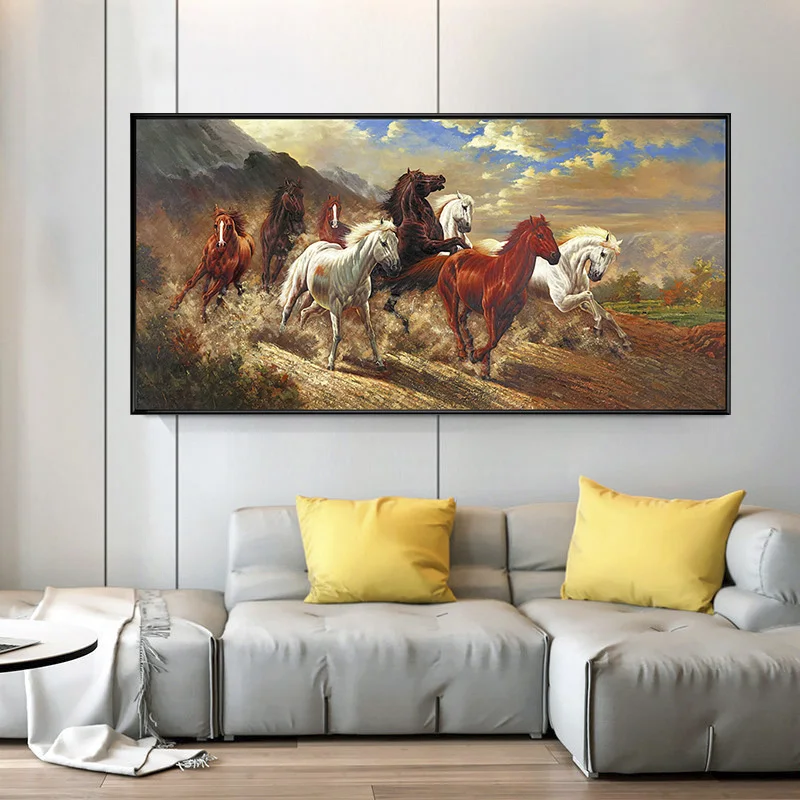 Wholesale realistic animal famous wall art running 8 horses painting