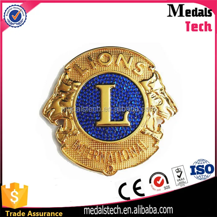 Cheap quality gold plated 3d emboss lions club lapel pin crystal metal badge emblem with factory price