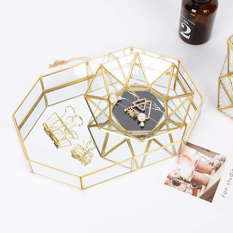 metal Storage Tray Golden Polygon Glass Makeup Organizer Tray Dessert Snack Plate Jewelry Display Stand Home Kitchen Decor