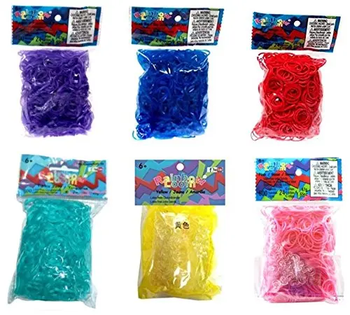 Authentic Rainbow Loom 6 Pack(Jelly Blue, Purple, Turquoise, Yellow)(Opaque Pink, Red) 3600 Bands 144 Clips