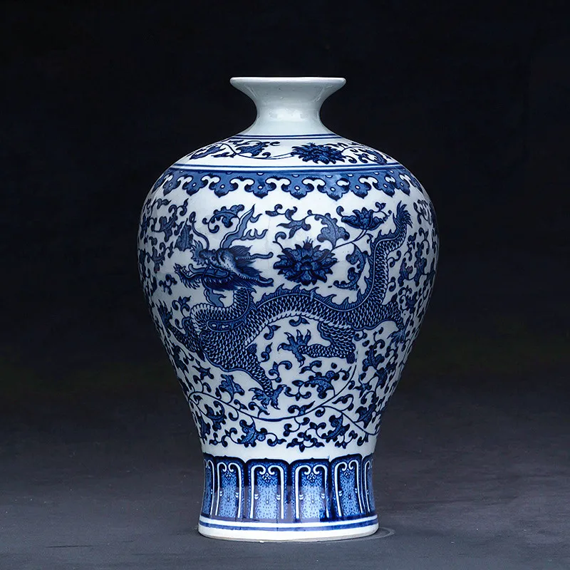 景德镇艺术瓷瓶中国家居装饰古董龙陶瓷蓝白花瓶