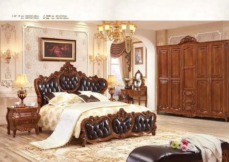 European classical home furniture wooden carved royal luxury bedroom set