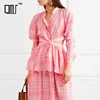 Button up pink gingham back open long sleeve female blouse