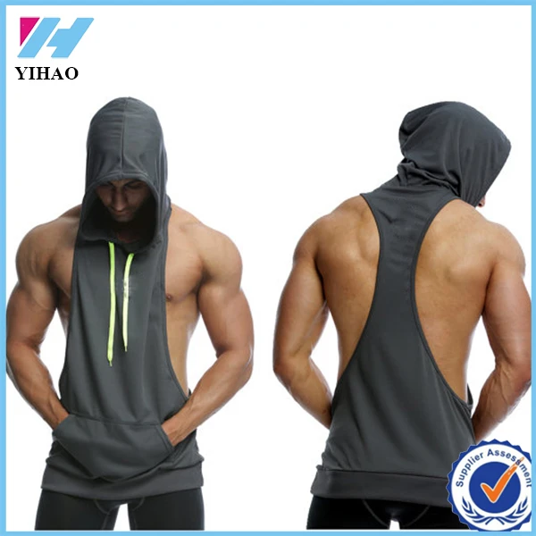 Mens Hooded Racerback Hoodie Tank Top Bodybuilding Vest Deep Cut Fitness Top